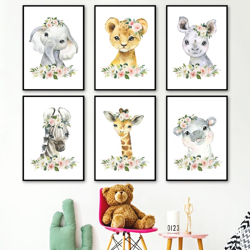 Baby Nursery Jungle Animals - Cetakan Kanvas Hewan Hutan Bunga Dekorasi