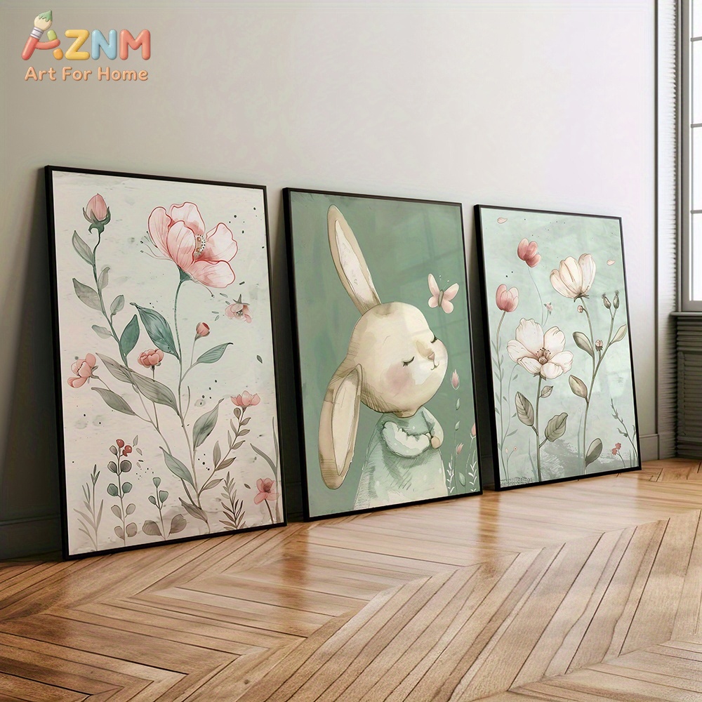 Baby Nursery Picture Frames - 3 Buah Seni Dinding Kanvas Kelinci
