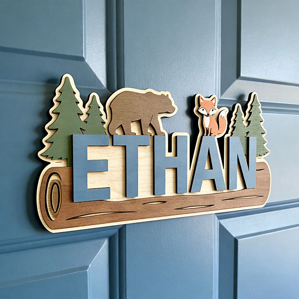 Baby Nursery Wall Decor - Papan Nama Kayu Hewan Hutan Personalisasi