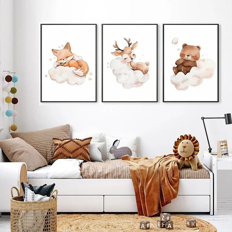 Baby Nursery Picture Frames - Lukisan Kanvas Hewan Awan Kartun Seni