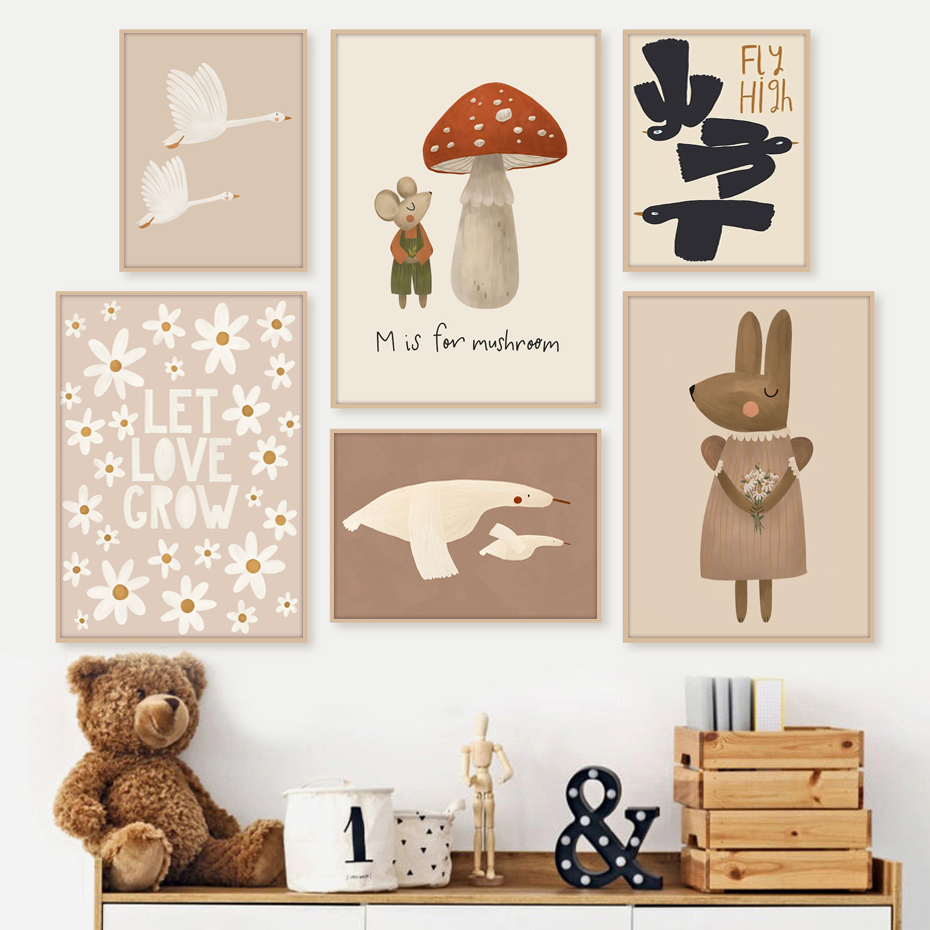 Baby Nursery Picture Frames - Poster angsa kartun kelinci Boho lukisan